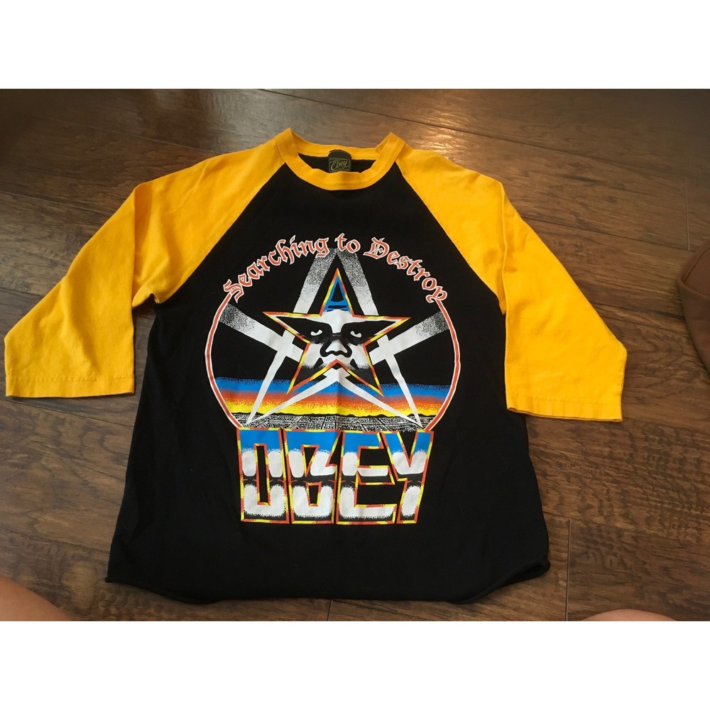 Obey Searching to Destroy Raglan Baseball Tee Black Yellow Graphic Shirt Small